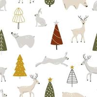 Cute nordic animals with Christmas tree in hygge style. Seamless vector pattern with rabbit, bears, and deer. New Year and Christmas holidays