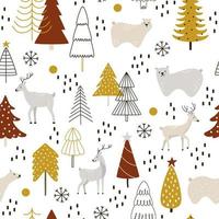 Deer and bears in a snowy forest with Christmas trees in hygge style. Vector seamless pattern with illustrations of cute animal characters for printing on fabric or wrapping.