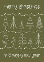 A vector green postcard with white Christmas trees and garland. Holiday card with greetings to the New Year and Christmas holidays