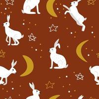 White hares between the stars and the moon on a red background in hygge style. Cute seamless vector pattern in childish cartoon print.