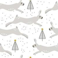 Cute rabbits between Christmas trees in a pine forest in the style of minimalism. Vector seamless print for baby fabric or wallpaper. Scandinavian print to celebrate Christmas and the New Year