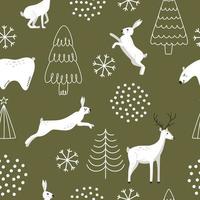 Hand-drawn cute forest animals with Christmas trees on a green background in hygge style. Hares, bears, and deer on a seamless vector pattern. New Year and Christmas illustration.