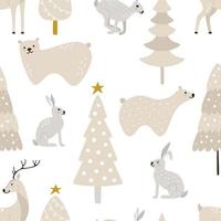 Cute winter animals in the snowy pine forest in Nordic style. Seamless vector pattern with hares, bears, and deer. New Year and Christmas holidays