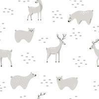 Hand drawn bears and deer on white background in Scandinavian style. Cute animals on a seamless vector pattern for fabric or wallpaper. New Year and Christmas illustration.