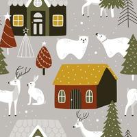 Hand-drawn winter forest animals with houses and Christmas trees. Rabbits, bears, and deer on a seamless vector pattern. New Year and Christmas illustration.