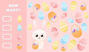 Cute childish educational riddle with easter bunny holding basket with eggs on pink background, how many game for kids for children books or printable worksheets for school, kindergarten, Easter theme vector