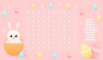 Word search riddle for kids with cute animal character - easter bunny hiding in basket with painted eggs on pink background, puzzle for childrens book, printable worksheet, spring holiday theme vector