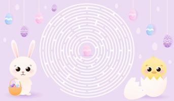 Childish round maze with easter bunny and chick, spring holiday theme for kids riddle, school worksheet or educational activity in cartoon style vector
