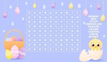 Cute little chick hiding in egg shell, easter eggs around and basket, word search puzzle for kis, worksheet for school or kindergarten, educational riddle, study english vector