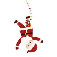 Santa Claus character tangled up in a garland and hanging upside down with string of lights in cartoon style vector