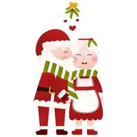 el señor y la señora santa claus besándose bajo el muérdago en la fiesta de navidad en estilo de dibujos animados sobre fondo blanco vector