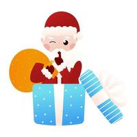 Santa Claus making hush gesture and hiding in gift box in cartoon style on white background, shhh gesture vector