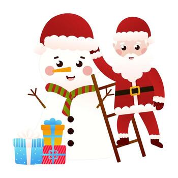 santa claus haciendo un muñeco de nieve en estilo de dibujos animados sobre fondo blanco, imágenes prediseñadas para el diseño de carteles vector