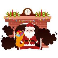 personaje de santa claus sentado cerca de la chimenea de navidad con una bolsa de regalos en estilo de dibujos animados sobre fondo blanco vector