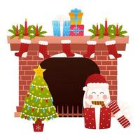 lindo conejito salta de la caja de regalo, árbol de Navidad y chimenea decorada en estilo de dibujos animados vector