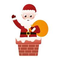 Santa Claus character descends the chimney and waving hand in cartoon style on white background, clip art vector