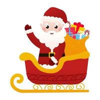 Santa Claus character sitting in sledges with bag with gift boxes in cartoon style on white background, clip art for poster design or greetings cards, invitations vector