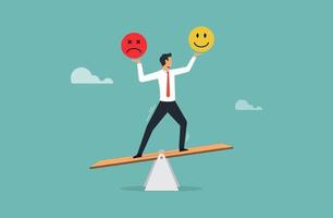 Balancing emotion control feeling between stress or sadness and happy lifestyle, emotional intellegence, man try to balance smile and sad face symbol vector