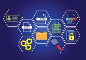 concepto gestión de documentos base de datos de documentos en línea y sistemas de almacenamiento de archivos digitales o software mantenimiento de registros tecnología de base de datos acceso a archivos intercambio de documentos vector