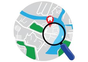 A magnifying glass glides across the map concept, scanning for travel areas or target customer addresses. vector