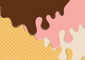 Chocolate Ice Cream with Strawberry and Vanilla Melt On Waffle background sweet ice cream background vector illustration