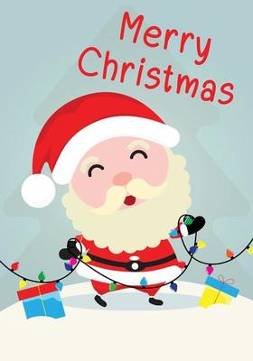 vector character santa claus and merry christmas greeting in banner Santa Claus is standing on the snow stack with gift boxes and holding multicolored light bulbs.