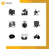 Modern Set of 9 Solid Glyphs Pictograph of global earth one wheel wheat harvest Editable Vector Design Elements