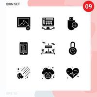 Pack of 9 Modern Solid Glyphs Signs and Symbols for Web Print Media such as real estate board devices wedding love Editable Vector Design Elements