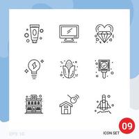 Pack of 9 Modern Outlines Signs and Symbols for Web Print Media such as power bulb imac wedding love Editable Vector Design Elements