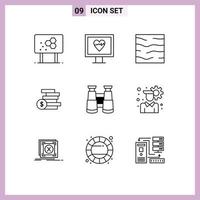 User Interface Pack of 9 Basic Outlines of binoculars ghold climate cash weather Editable Vector Design Elements