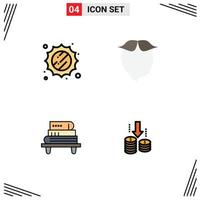 4 Universal Filledline Flat Color Signs Symbols of sun knowledge moustache beared books Editable Vector Design Elements