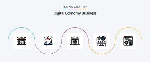 Digital Economy Business Line Filled Flat 5 Icon Pack Including gear. web. online. business. computer vector