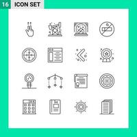 Pack of 16 Modern Outlines Signs and Symbols for Web Print Media such as web page process interior operation goals Editable Vector Design Elements