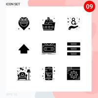 Group of 9 Solid Glyphs Signs and Symbols for record cassette summer upload arrow Editable Vector Design Elements