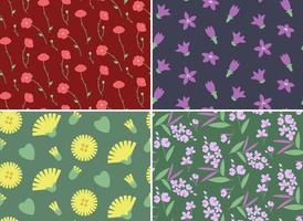 Set of seamless patterns with wildflowers. Nature textures in flat style. vector