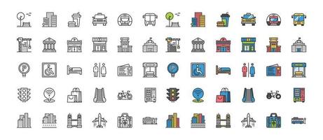 conjunto simple de diseño de símbolo de icono de ciudad y calle de elementos para usar en infografías de logotipo de informe de gráficos web. colección de vectores de símbolo de esquema de mejor calidad, parque, ciudad, edificio,