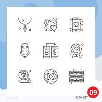 9 Universal Outlines Set for Web and Mobile Applications smartphone cashless application microphone live Editable Vector Design Elements
