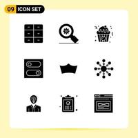 Group of 9 Solid Glyphs Signs and Symbols for crypto currency coin cupcake crown switch Editable Vector Design Elements