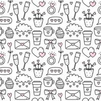 Cute seamless pattern for Valentine's Day with champagne, rings, hearts, clouds, envelopes, coffee, cupcakes. Vector hand-drawn doodle illustration. Perfect for holiday designs, print, decor, wrapping