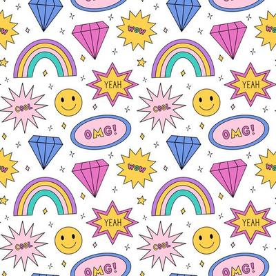 Bright seamless pattern in the style of the 90s. Colorful rainbows, diamonds, smile, speech bubbles and stars with words - cool, wow, yeah, omg. Nostalgia for the 1990s. Funny print.