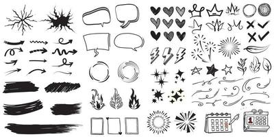 Abstract arrows, ribbons, fireworks, hearts, lightning,love , leaf, stars, cone, crowns and other elements in a hand drawn style for concept designs. Scribble illustration. vector