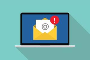 email spamming attack concept with envelope mail and danger icon on front of laptop computer with modern flat style vector