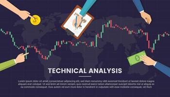 technical analysis concept with candlestick and people hand view from top with modern flat style vector