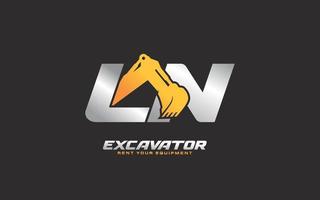LN logo excavator for construction company. Heavy equipment template vector illustration for your brand.