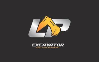 LP logo excavator for construction company. Heavy equipment template vector illustration for your brand.