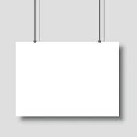 Template of white blank vector poster. Mockup hanging on the wall. Frame for paper sheet. Isolated on grey background. Vector illustration