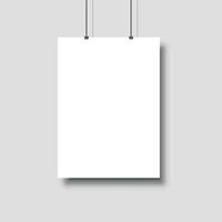 Template of white blank vector poster. Mockup hanging on the wall. Frame for paper sheet. Isolated on grey background. Vector illustration