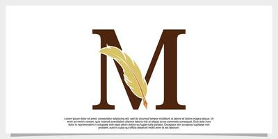 letter m feather logo design with feather pen icon concept vector