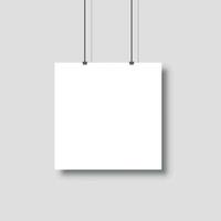 Template of white blank vector poster. Mockup hanging on the wall. Frame for paper sheet. Isolated on grey background. Vector illustration