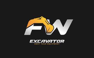 FW logo excavator for construction company. Heavy equipment template vector illustration for your brand.